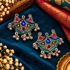 Multicolor Meenakari oxidized long necklace with colorful stone detailing, ghongroo accents and matching earrings