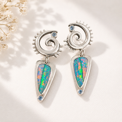 Multicolor opal-style spiral drop earrings for women with silver-tone detailing