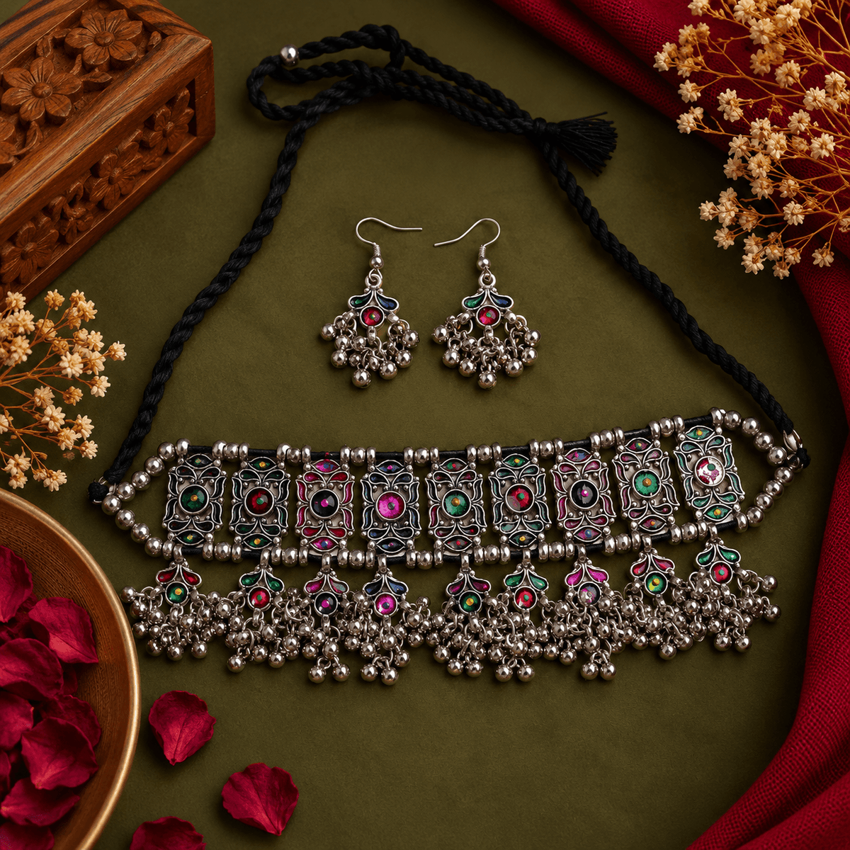 Multicolor Oxidized Choker Necklace Set with Earrings for Women | The Mirage Fashion