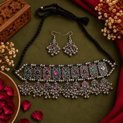 Multicolor Oxidized Choker Necklace Set with Earrings for Women | The Mirage Fashion