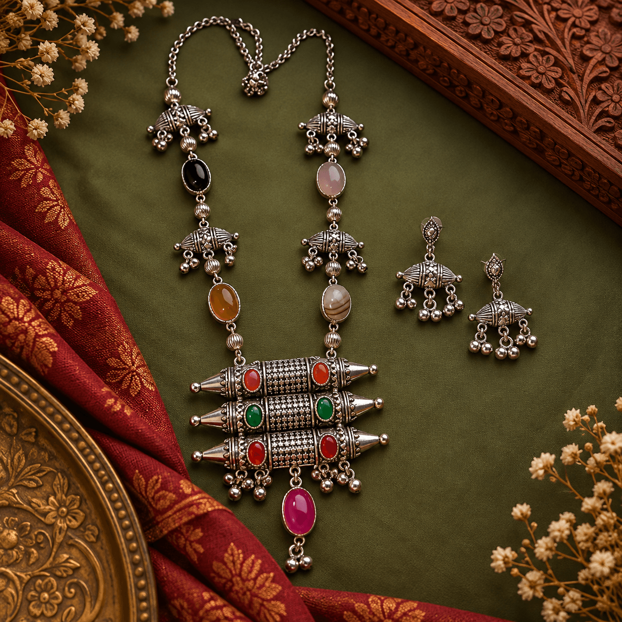 Multicolor oxidized long necklace with colourful stone details and matching lightweight short earrings for women
