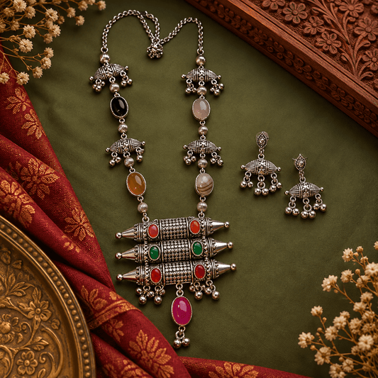 Multicolor oxidized long necklace with colourful stone details and matching lightweight short earrings for women