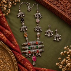 Multicolor oxidized long necklace with colourful stone details and matching lightweight short earrings for women