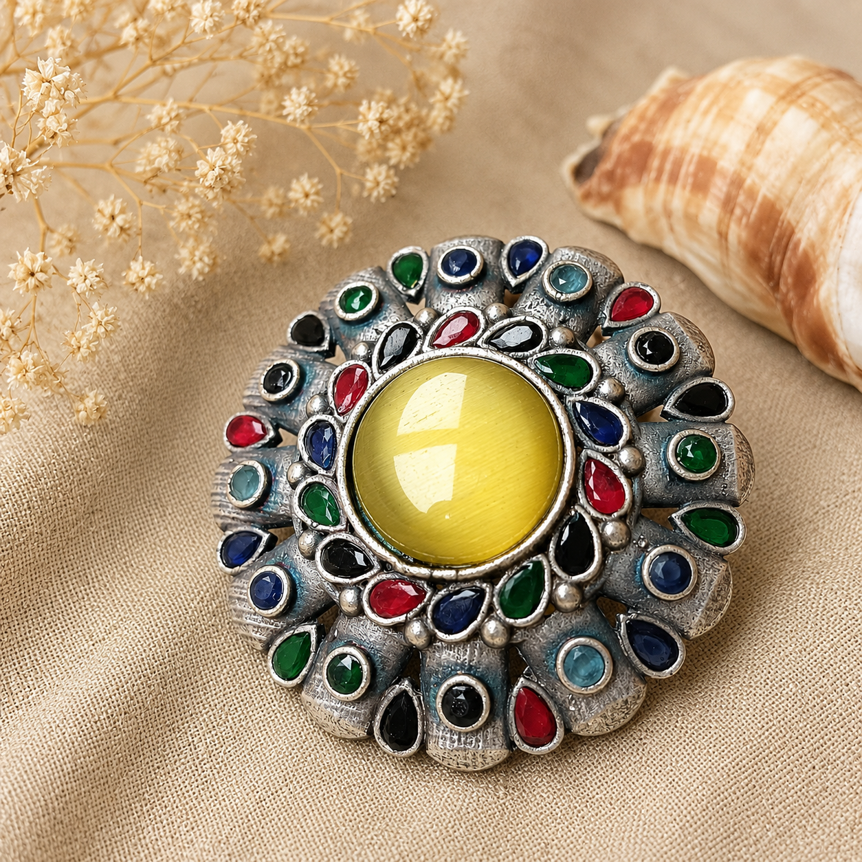 Multicolor oxidized silver statement ring with yellow cabochon and colorful stone accents