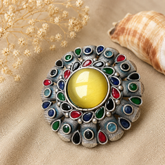 Multicolor oxidized silver statement ring with yellow cabochon and colorful stone accents