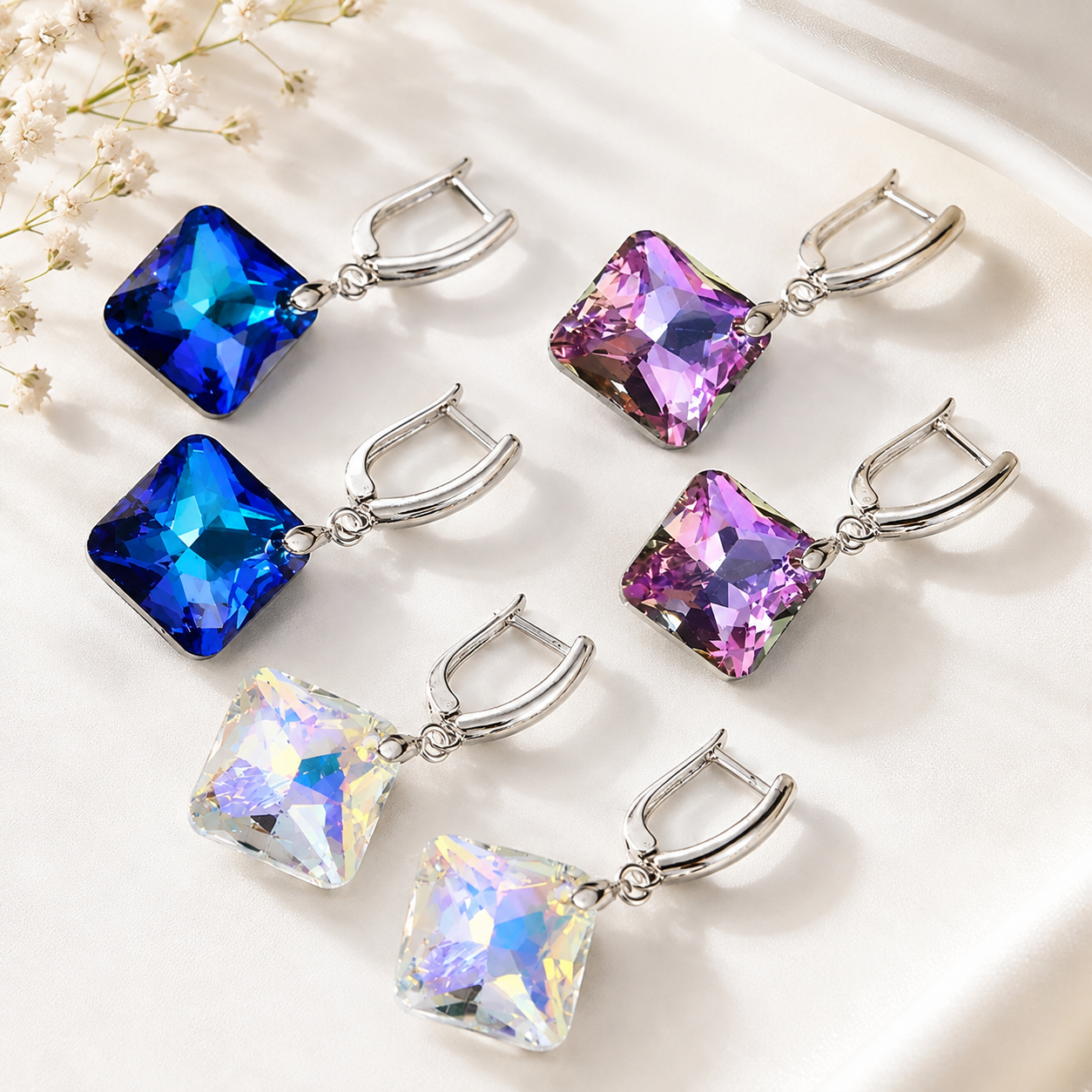Multicolor square crystal drop earrings in blue pink and clear for women