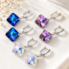 Multicolor square crystal drop earrings in blue pink and clear for women
