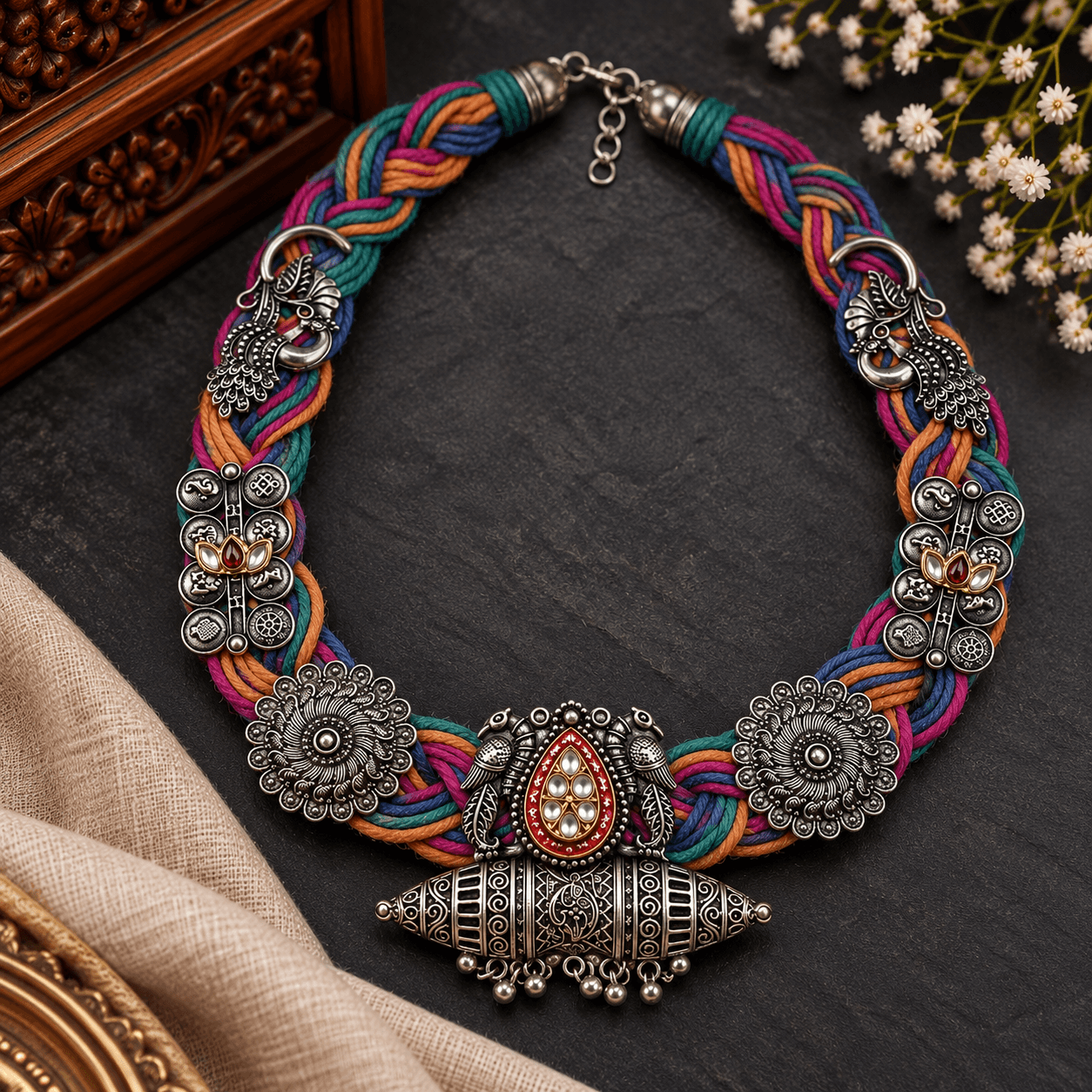 Multicolour braided thread oxidized tribal necklace with peacock motifs and statement pendant