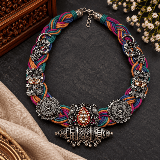Multicolour braided thread oxidized tribal necklace with peacock motifs and statement pendant