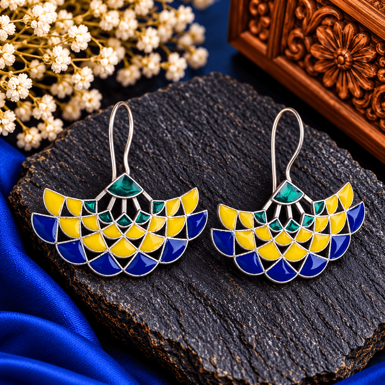 Multicolour mosaic fan-shaped earrings with royal blue, yellow and teal geometric panels and silver-tone outlines