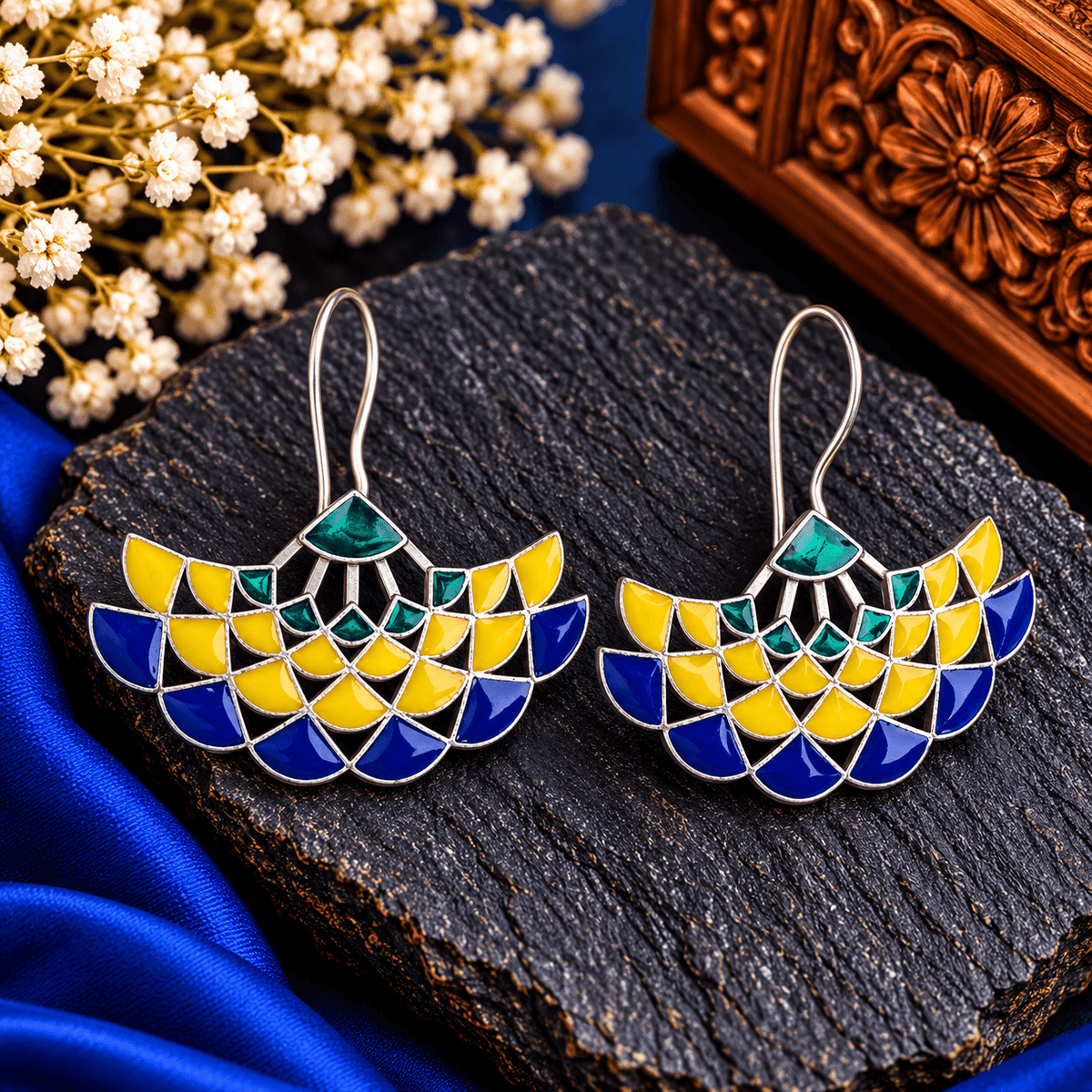 Multicolour mosaic fan-shaped earrings with royal blue, yellow and teal geometric panels and silver-tone outlines