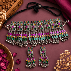 Multicolour Oxidized Choker Necklace Set with Matching Earrings for Women | The Mirage Fashion
