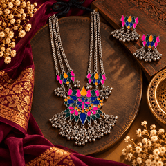 Multicolour Oxidized Silver Enamel Necklace Set with Earrings | The Mirage Fashion