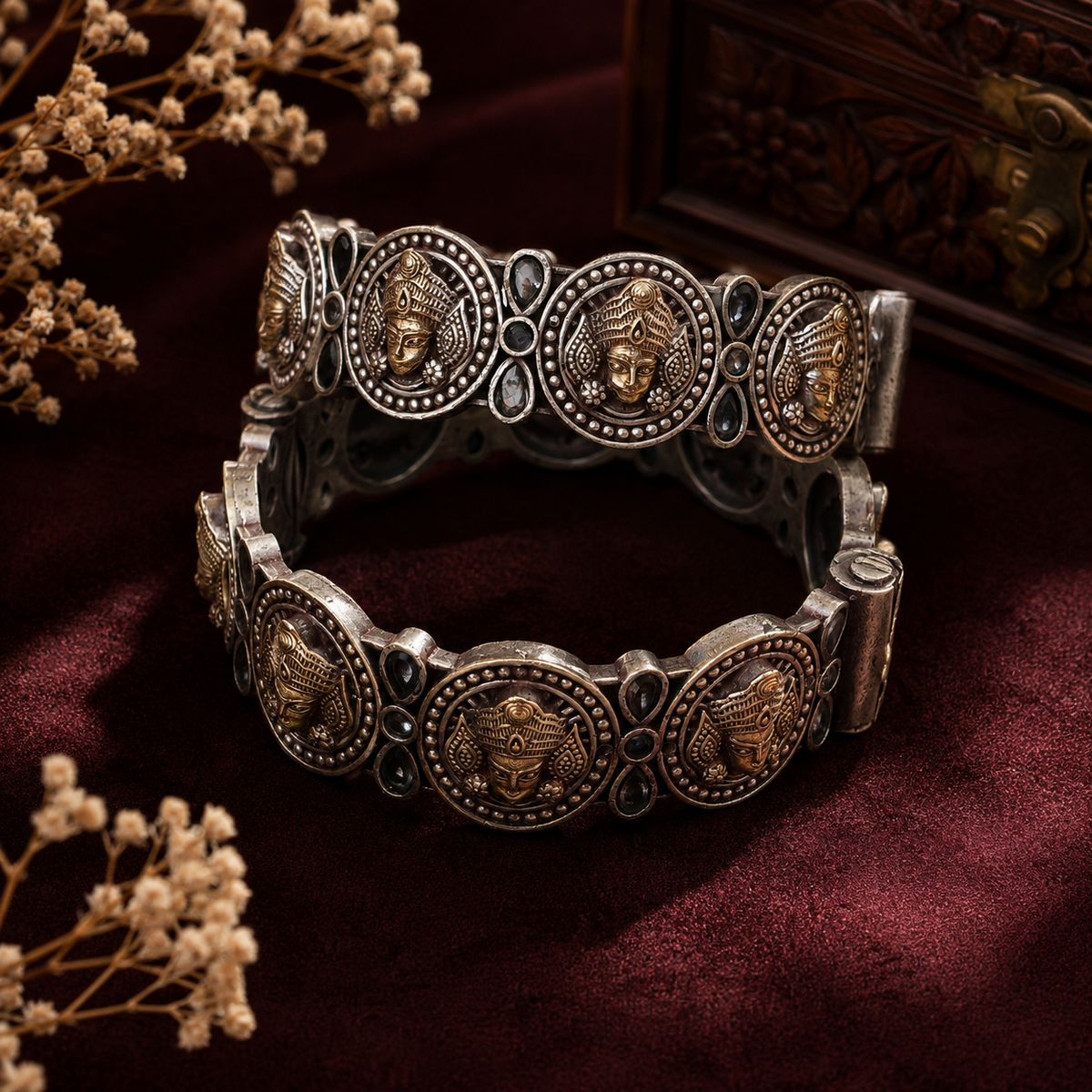 Goddess Durga Oxidised Silver Kada for Women – Traditional Statement Bangle