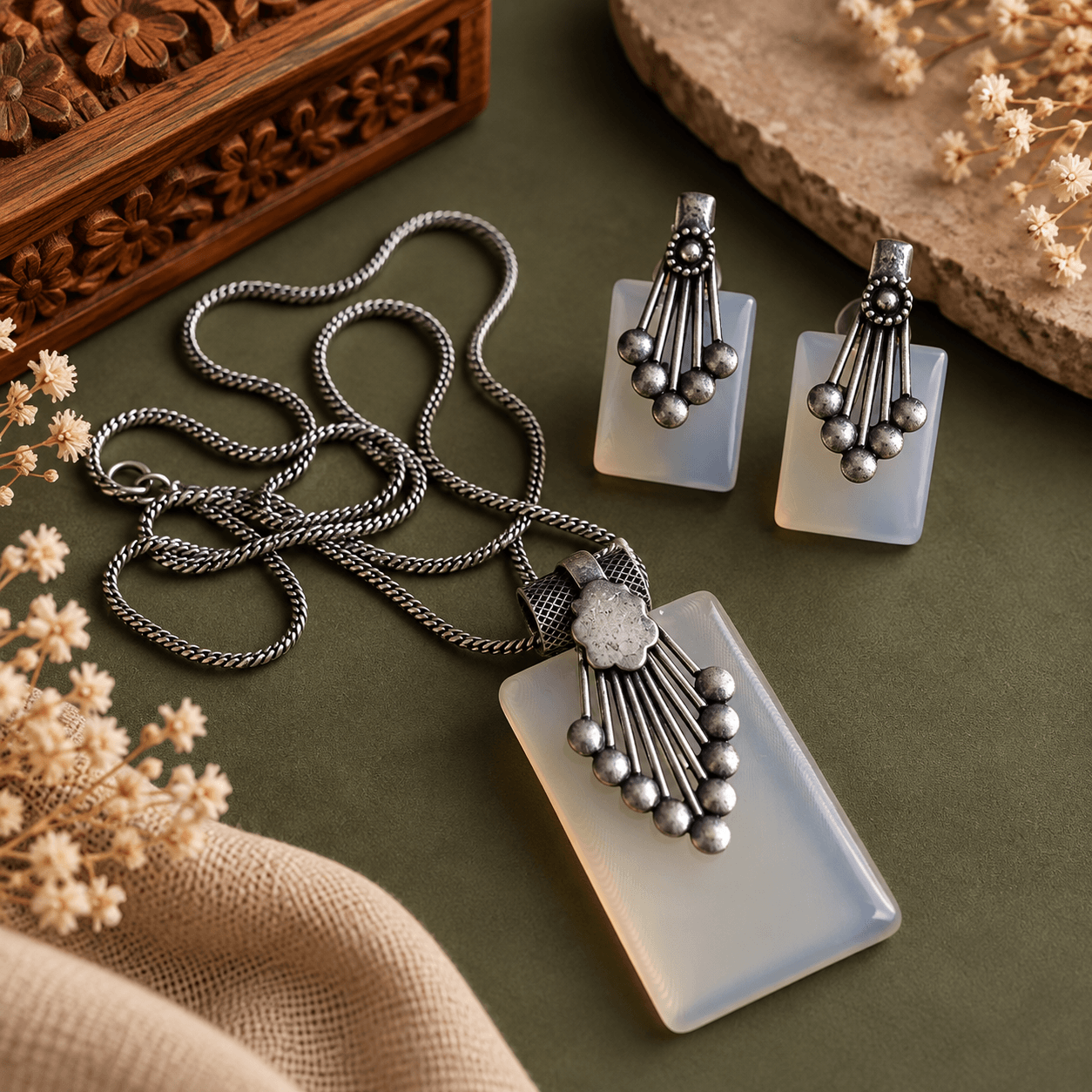 Opal oxidized pendant necklace set with matching silver-tone earrings by The Mirage Fashion