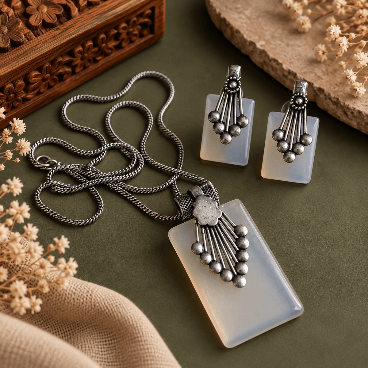 Opal oxidized pendant necklace set with matching silver-tone earrings by The Mirage Fashion