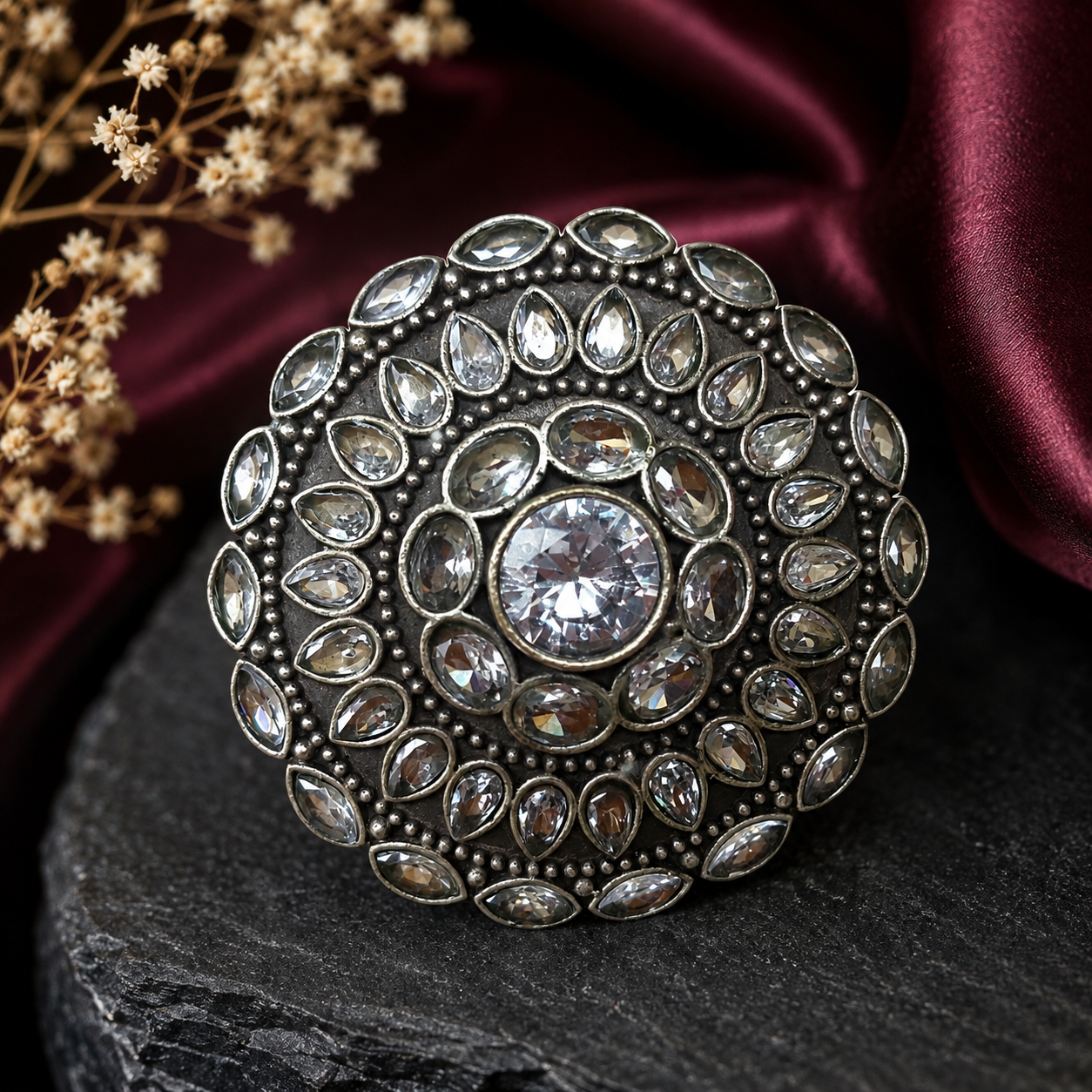 Oxidised CZ statement ring for women with intricate antique silver design