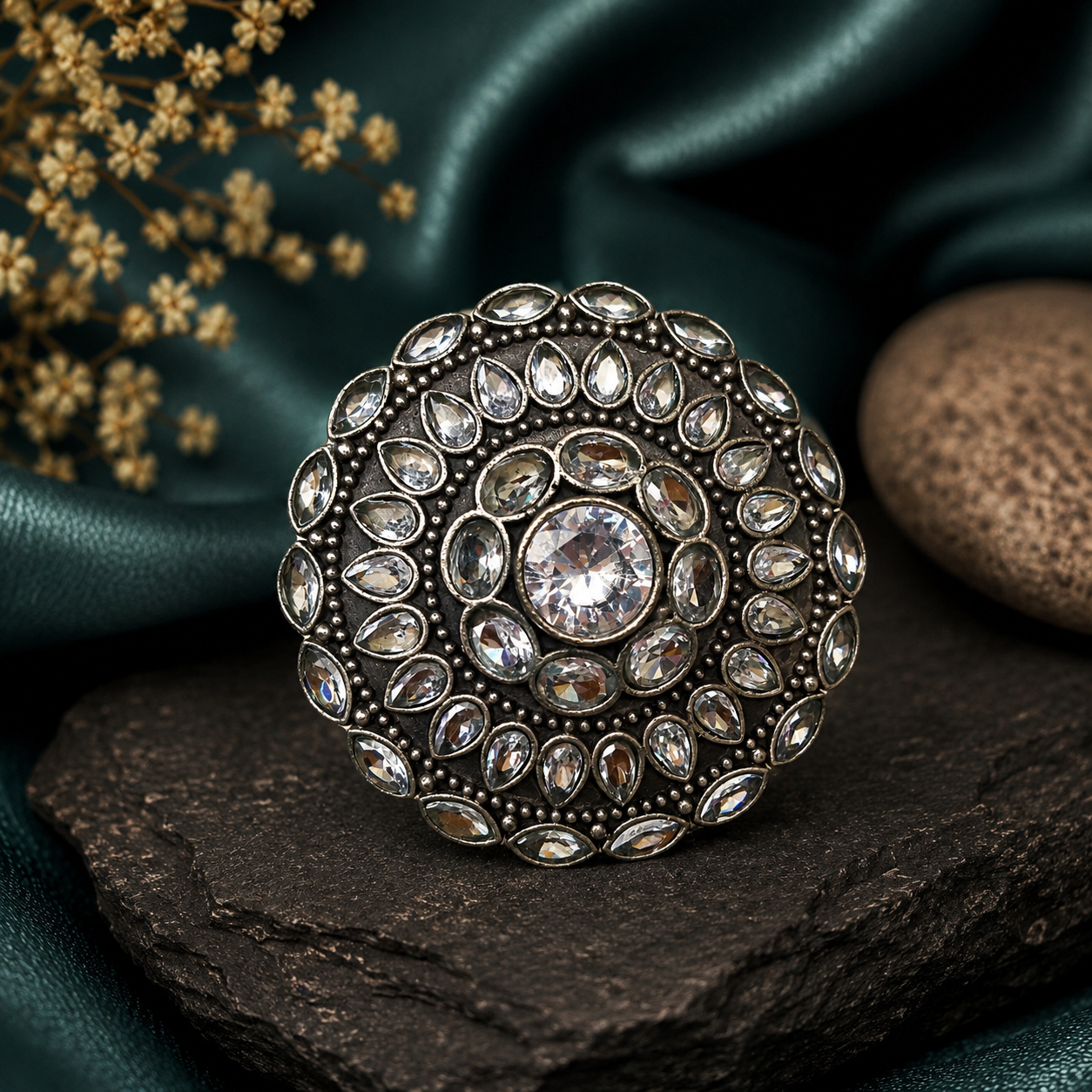 Oxidised CZ statement ring for women with intricate antique silver design