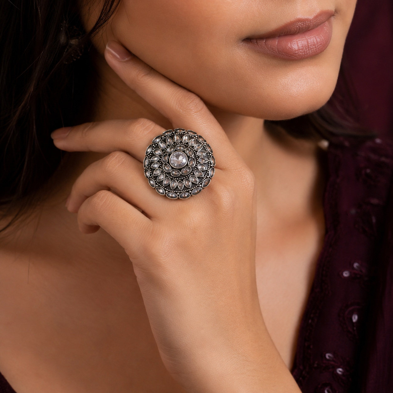 Oxidised CZ statement ring for women with intricate antique silver design