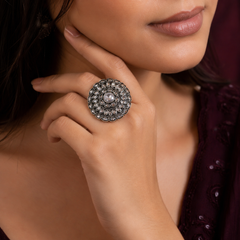 Oxidised CZ statement ring for women with intricate antique silver design