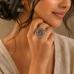 Oxidised deer ring for women with antique silver circular design