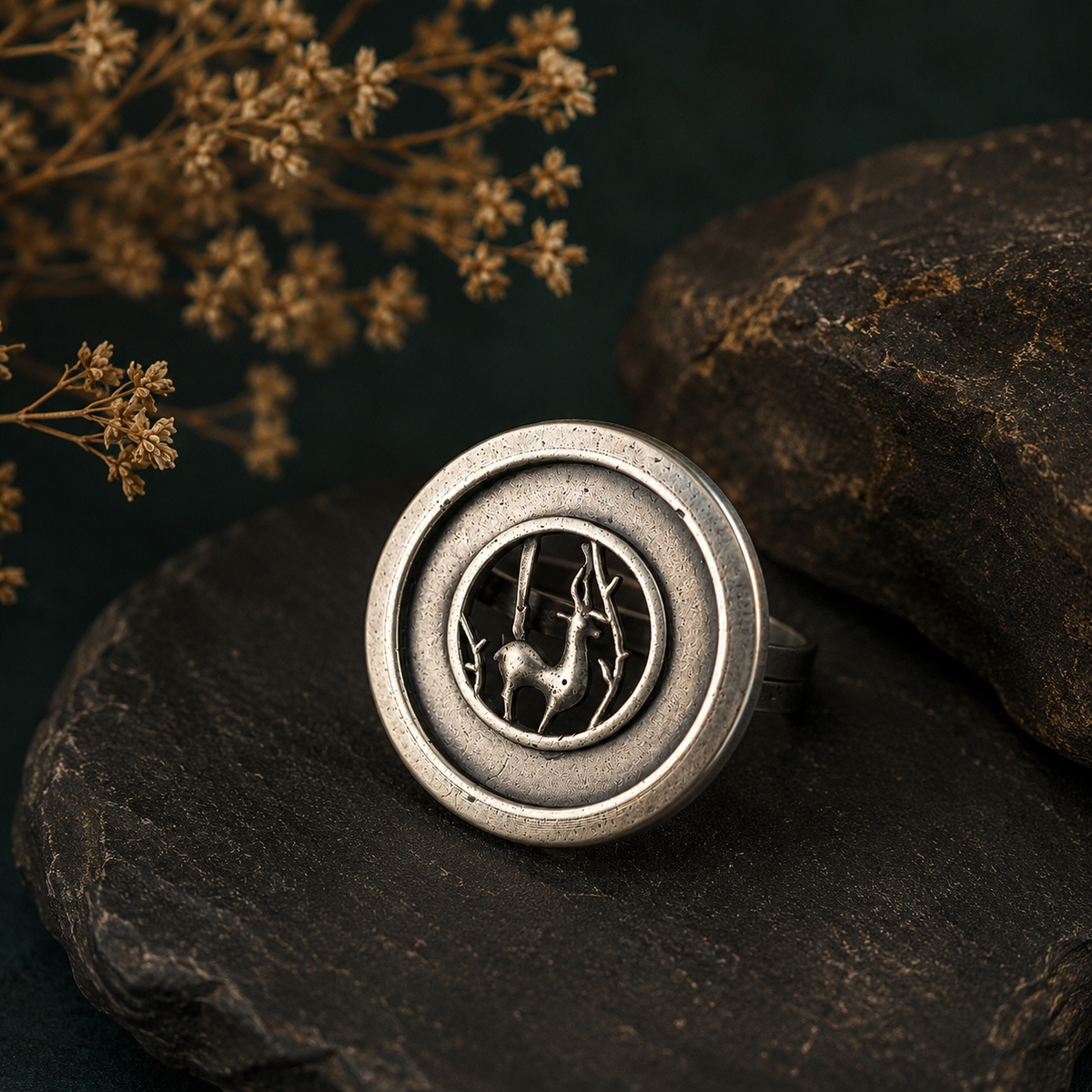 Oxidised deer ring for women with antique silver circular design