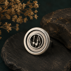 Oxidised deer ring for women with antique silver circular design