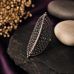 Oxidised long statement ring for women with intricate antique silver filigree design