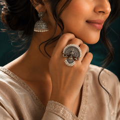 Oxidised Peacock Pearl Ring for Women | Antique Silver Statement Ring