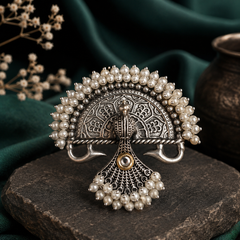 Oxidised Peacock Pearl Ring for Women | Antique Silver Statement Ring