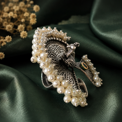 Oxidised Peacock Pearl Ring for Women | Antique Silver Statement Ring