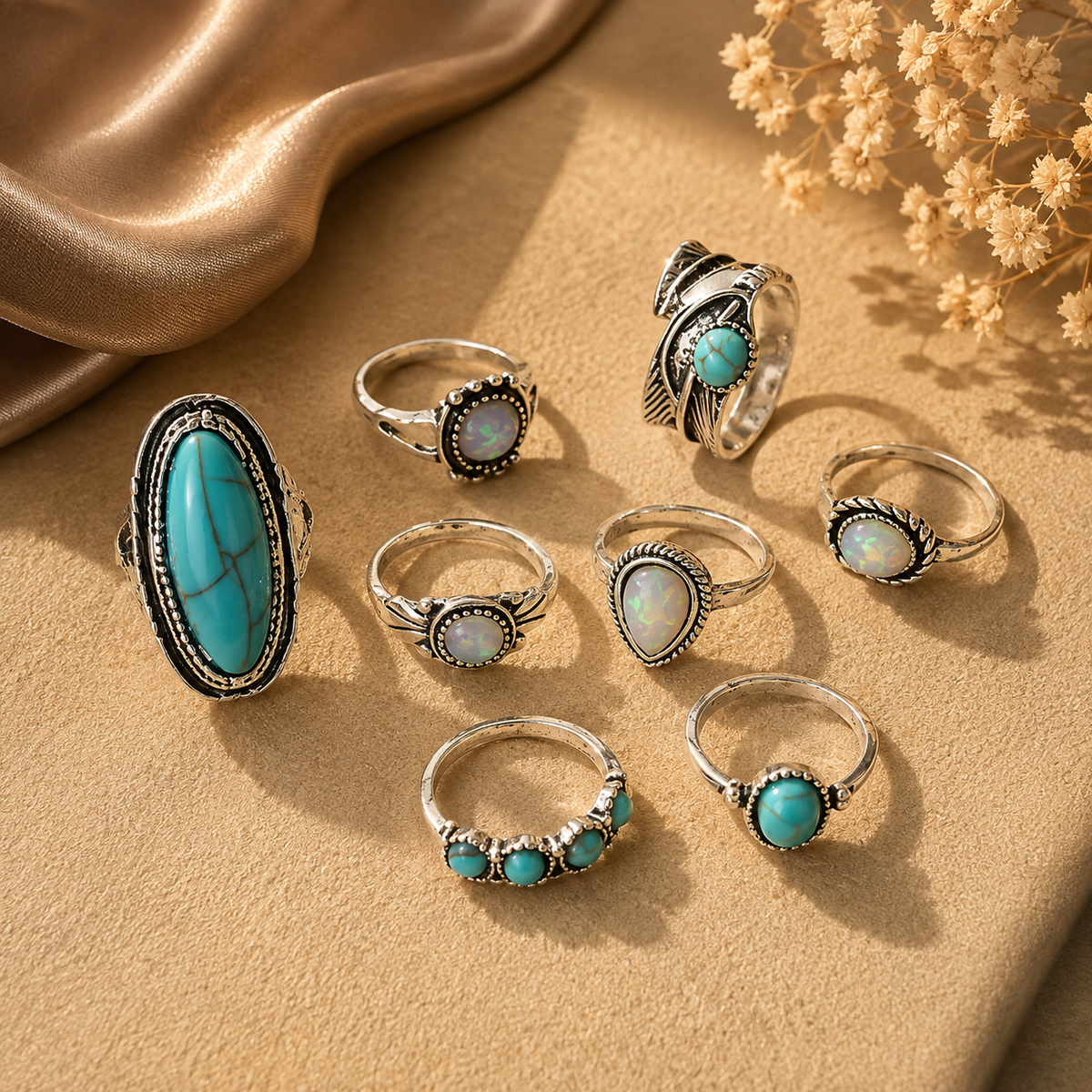 Set of 8 oxidised rings combo for women with ethnic statement designs