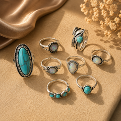 Set of 8 oxidised rings combo for women with ethnic statement designs