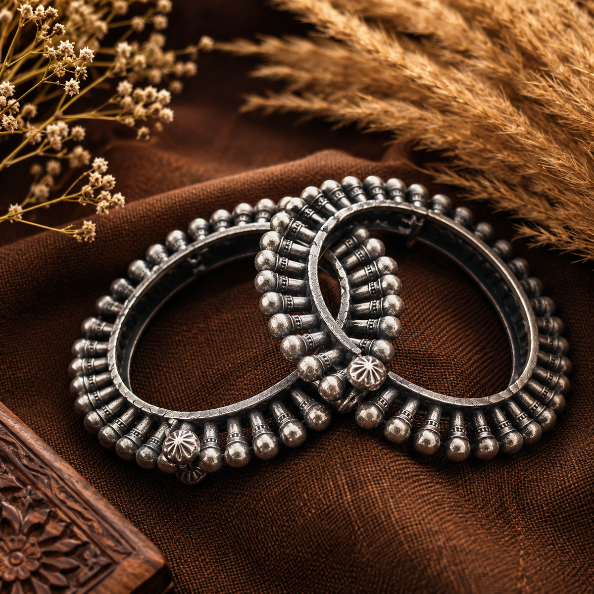 Oxidised silver beaded kada bangles for women with traditional design