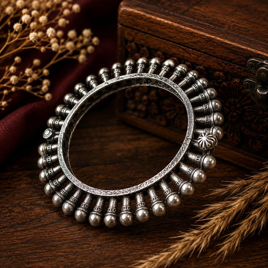 Oxidised silver beaded kada bangles for women with traditional design