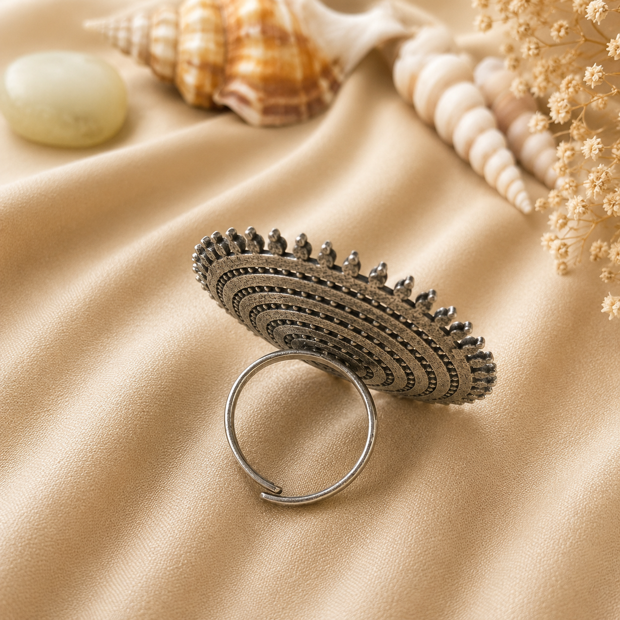 Oxidised silver circular statement ring for women with intricate concentric detailing