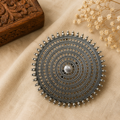 Oxidised silver circular statement ring for women with intricate concentric detailing
