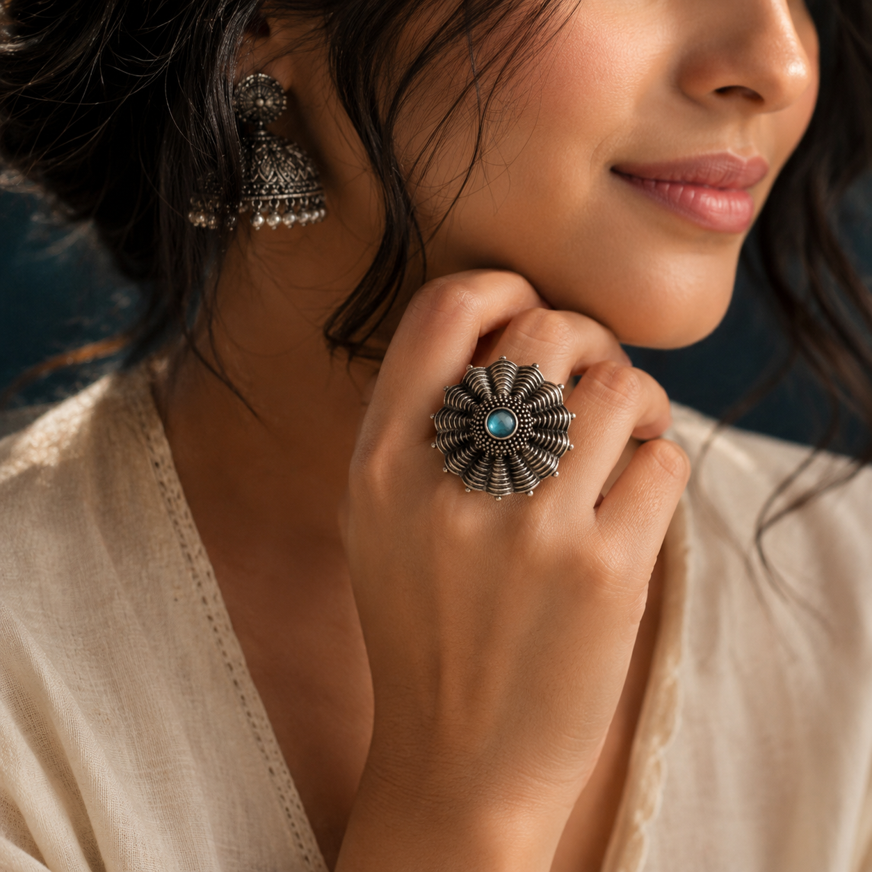 Oxidised silver floral statement ring with blue centre stone for women