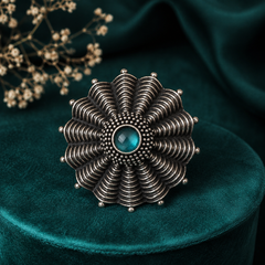Oxidised silver floral statement ring with blue centre stone for women