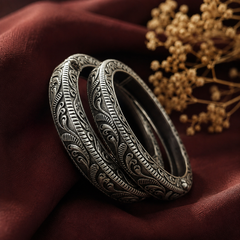 Oxidised Silver Kada for Women – Intricate Traditional Engraved Bangle  (Single Pic)