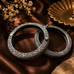 Oxidised Silver Kada for Women – Intricate Traditional Engraved Bangle  (Single Pic)