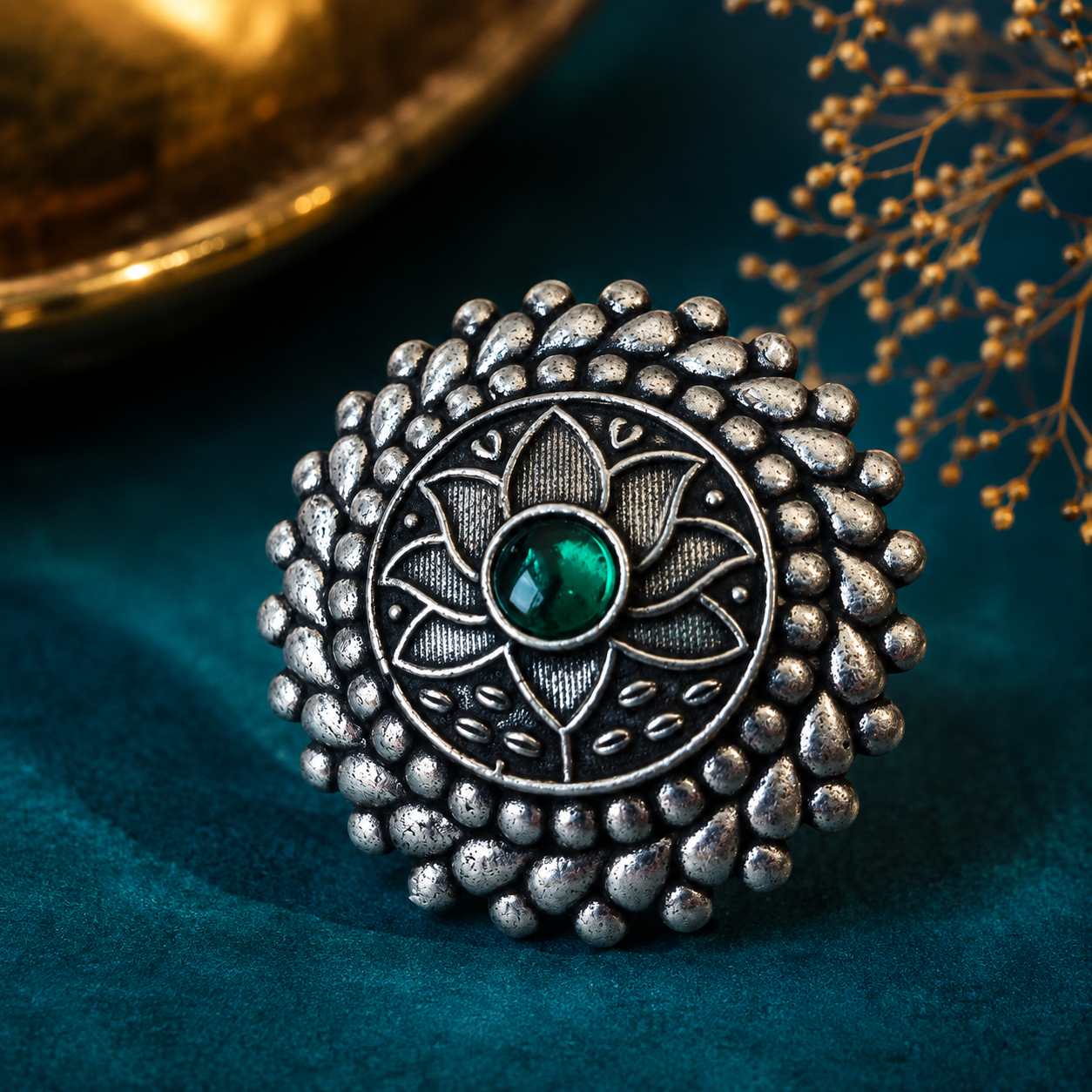 Oxidised silver lotus green stone statement ring for women