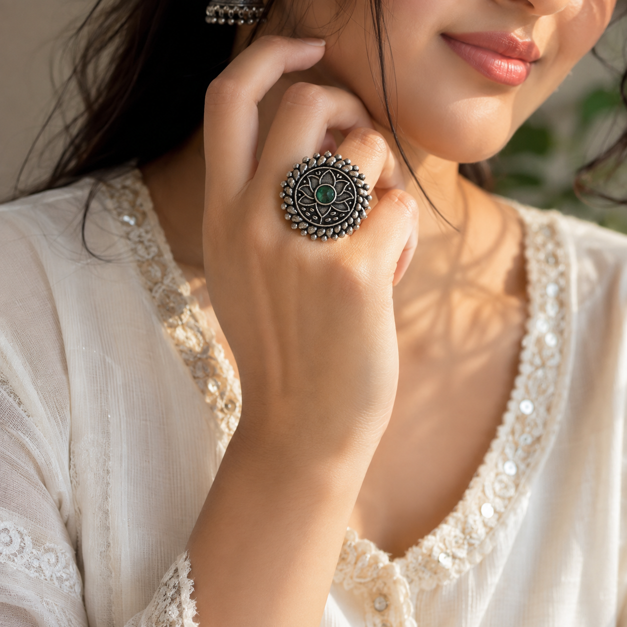 Oxidised silver lotus green stone statement ring for women