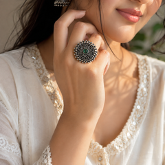 Oxidised silver lotus green stone statement ring for women