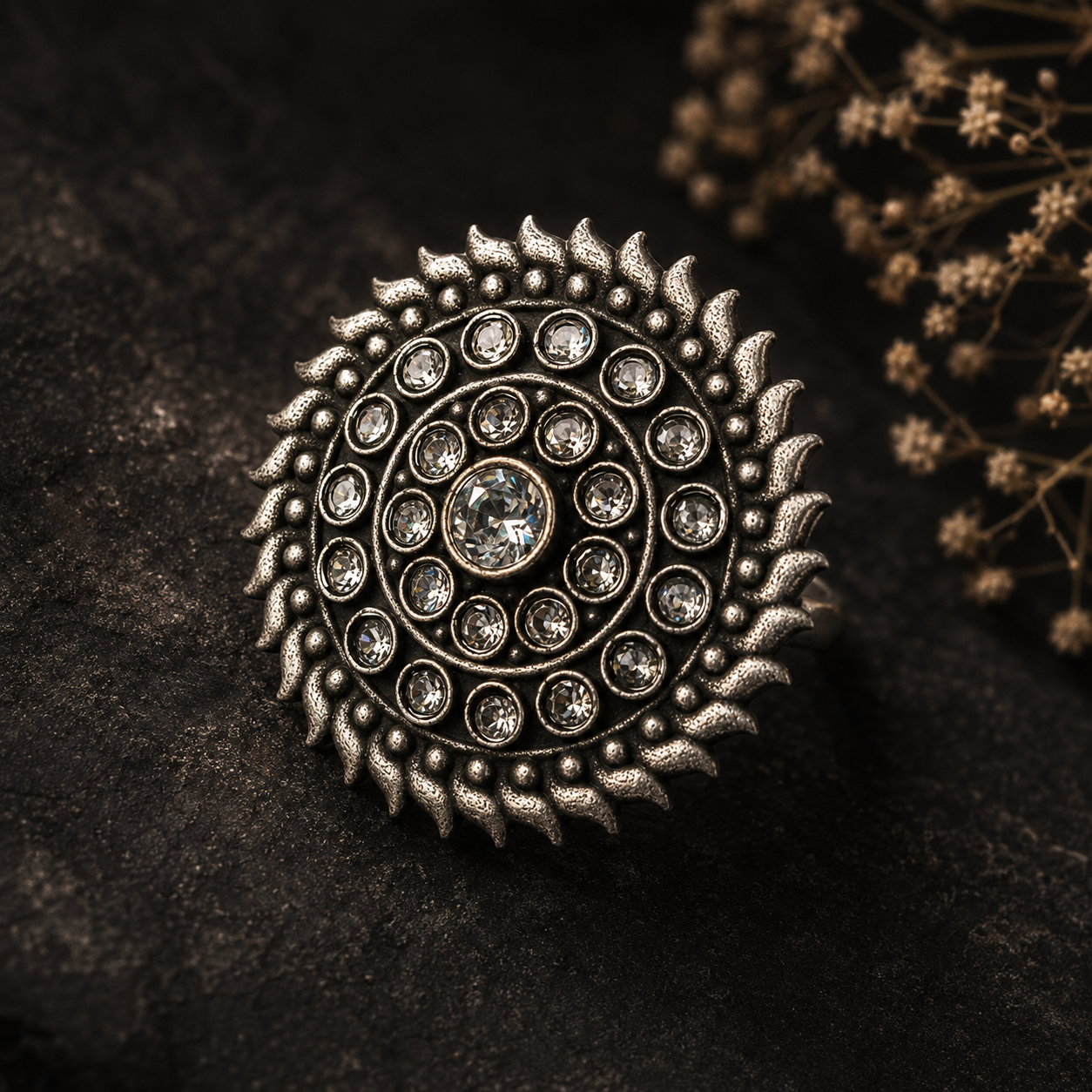 Oxidised silver mandala statement ring for women with intricate detailing and clear stones
