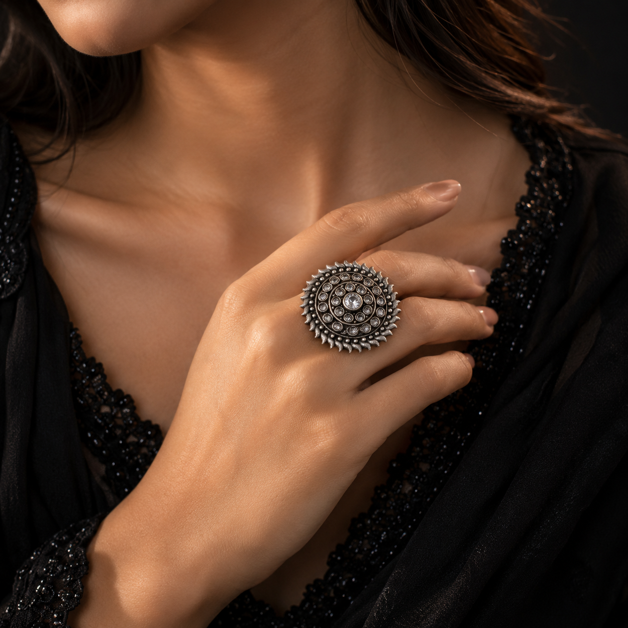 Oxidised silver mandala statement ring for women with intricate detailing and clear stones