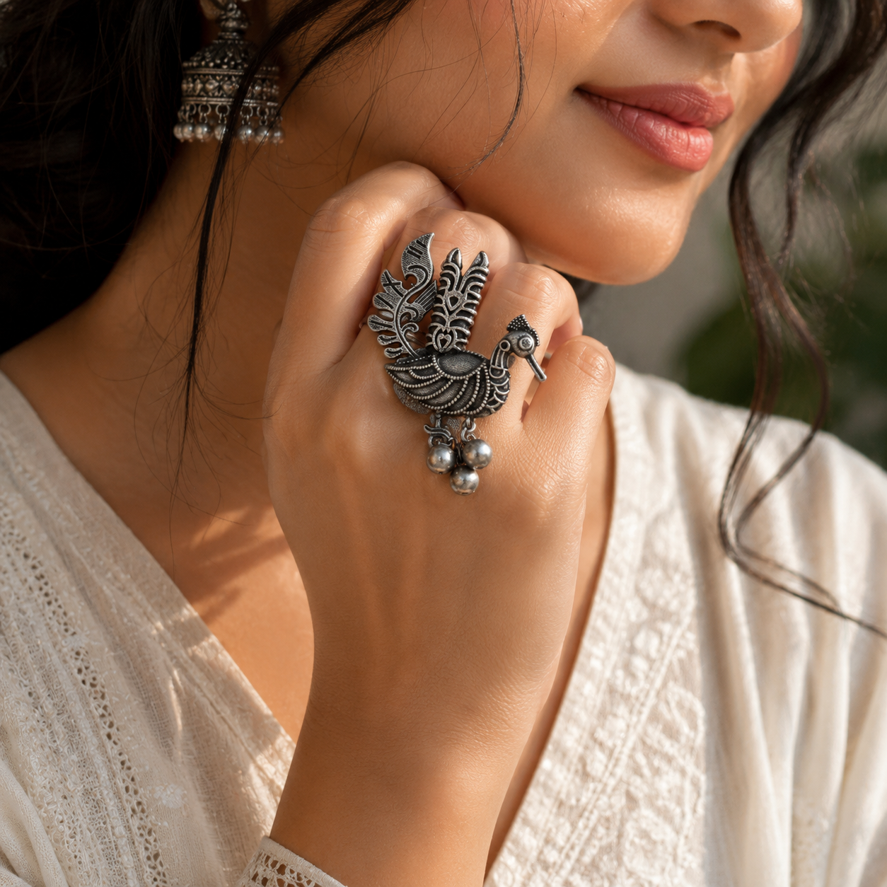 Oxidised silver peacock statement ring with dangling beads for women