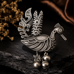Oxidised silver peacock statement ring with dangling beads for women