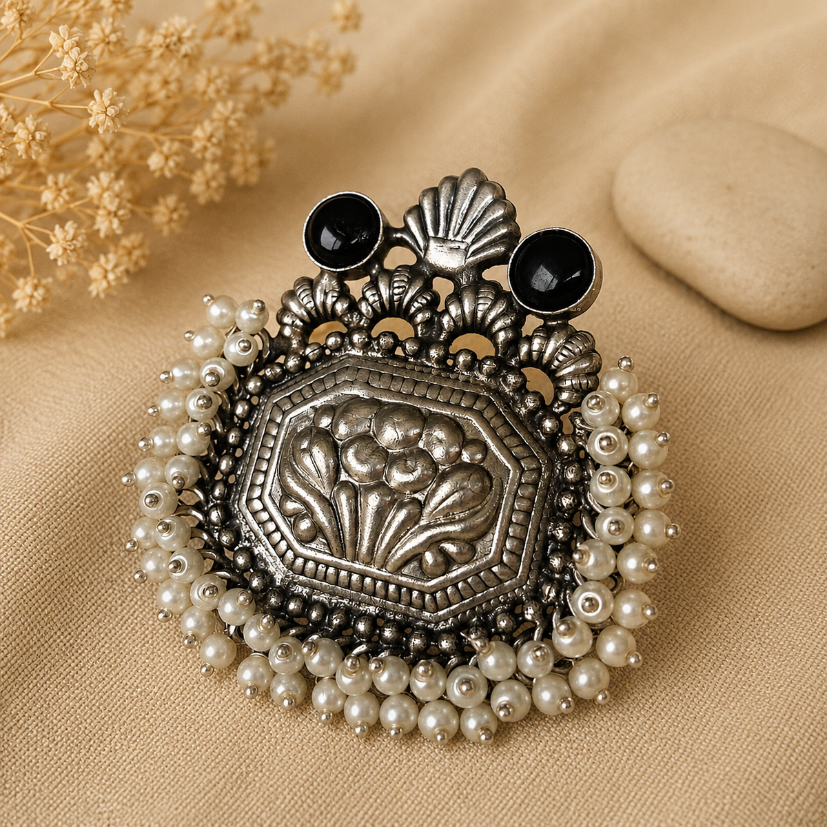 Oxidised silver pearl statement ring for women with floral detailing and black stone accents