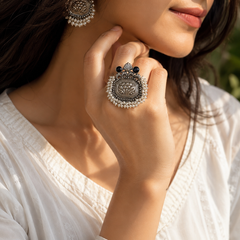 Oxidised silver pearl statement ring for women with floral detailing and black stone accents